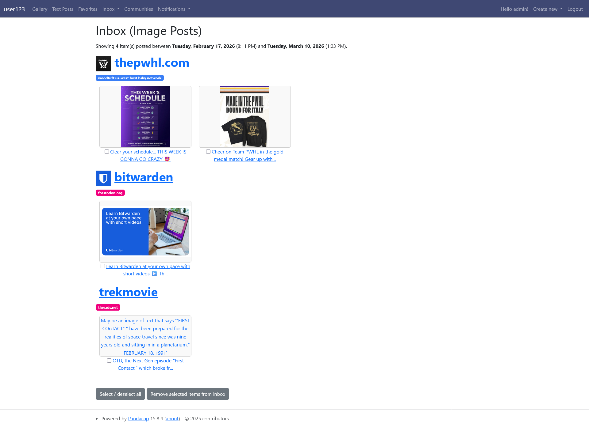 A screenshot of Pandacap's "Inbox (Image Posts)" page, with four posts (one thumbnail each) grouped among three authors.