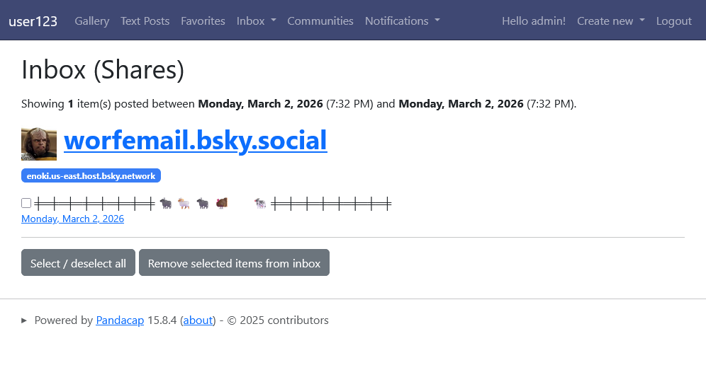 A screenshot of the "Inbox (Shares)" page in Pandacap, with a single post