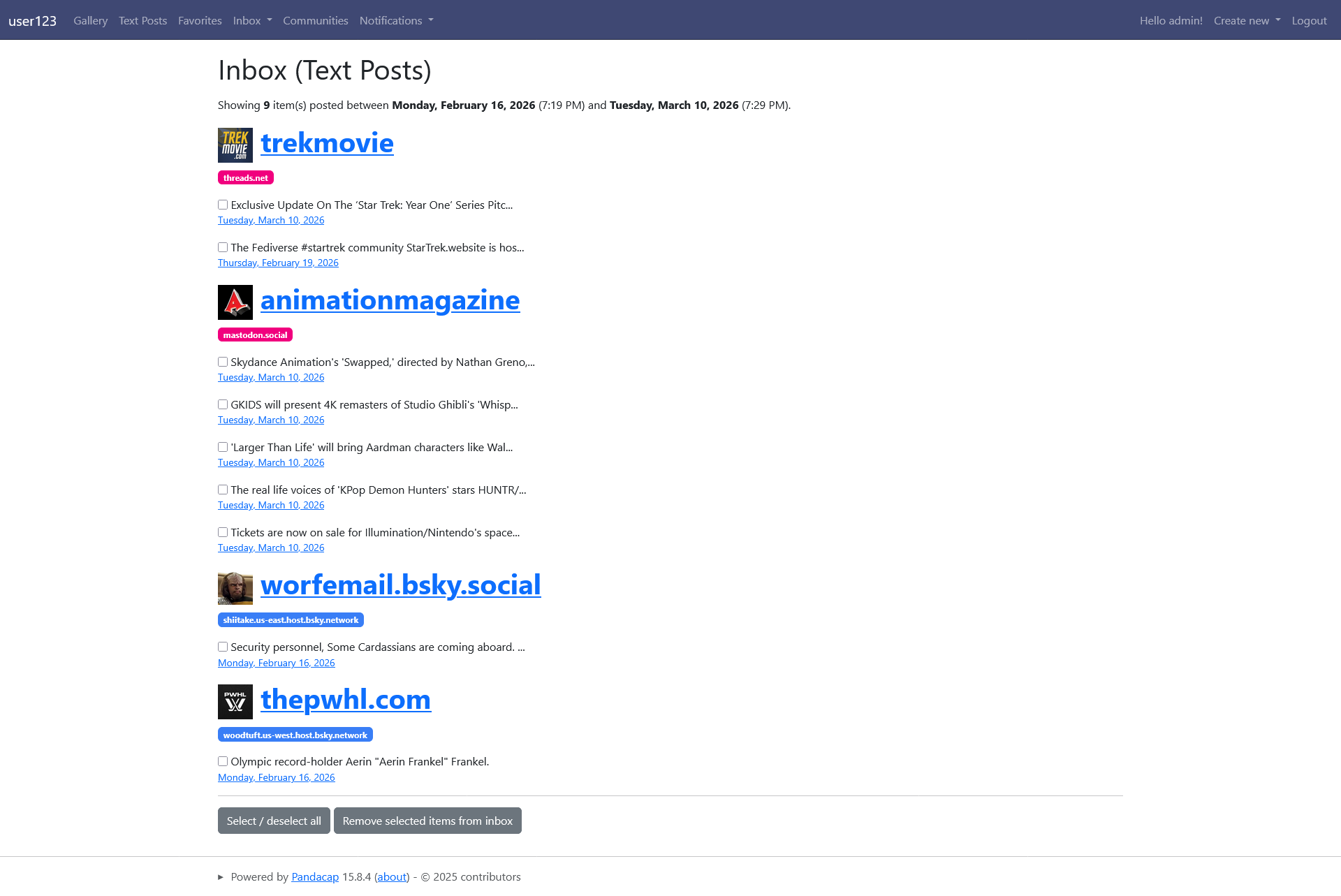 A screenshot of Pandacap's "Inbox (Text Posts)" page, showing nine text posts grouped under four authors