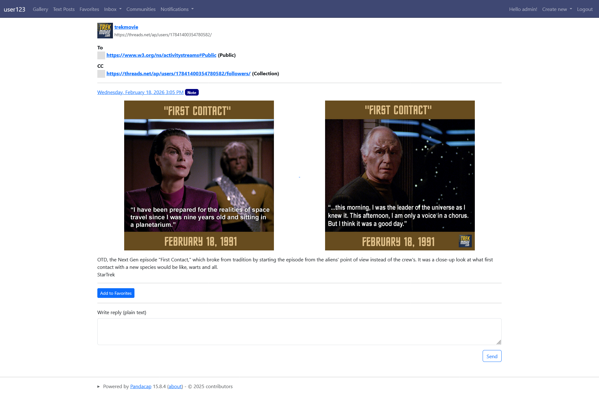 A screenshot of Pandacap's "View Remote Post" page, showing the author, addressing, an external link, two thumbnails, and the post text, with an Add to Favorites button and a reply box