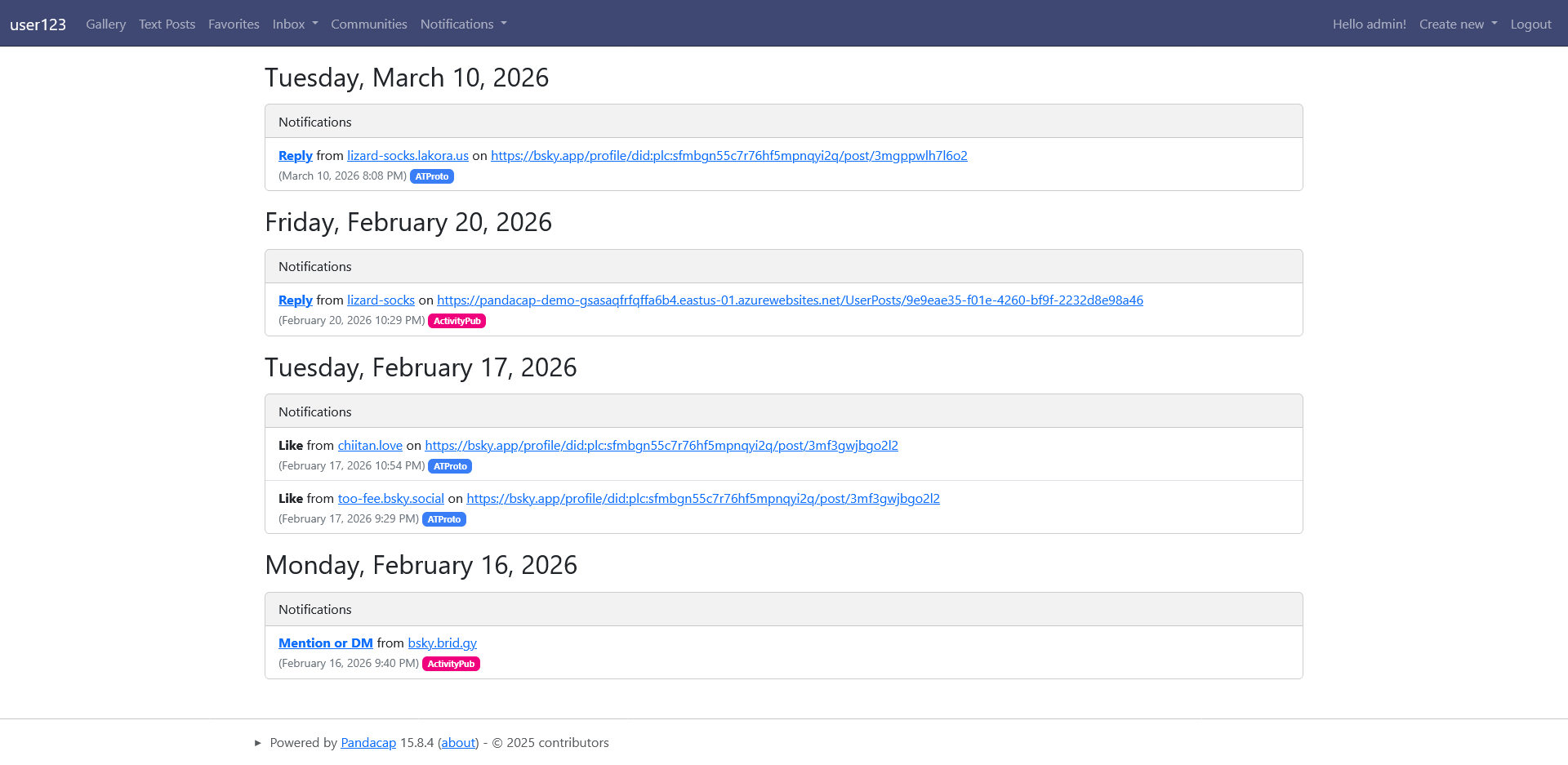 A screenshot of Pandacap's "Notifications" page
