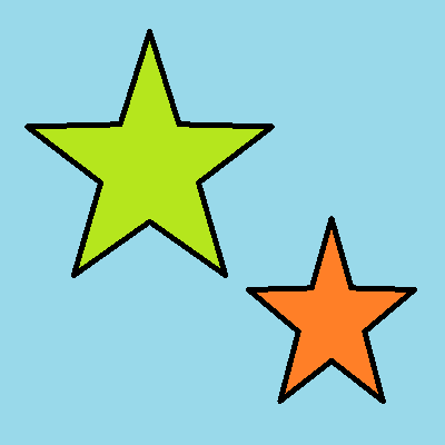 Two five-pointed stars, a larger green one and a smaller orange one, on a blue background